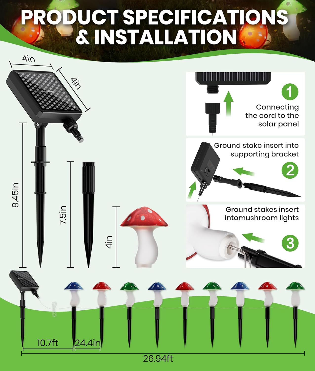 Mushroom Lights Outdoor, 9 Pack 30FT Multicolor